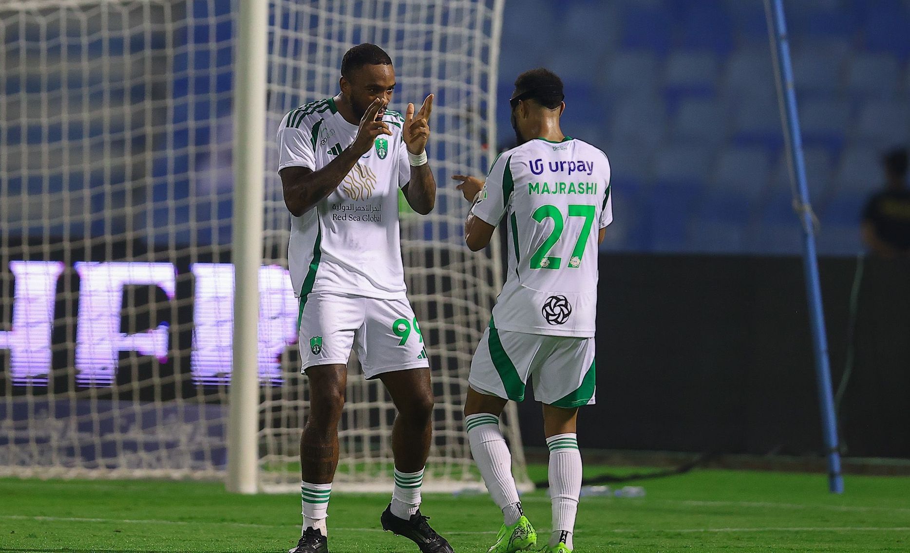 Al Ahli's Ivan Toney (L) celebrates goal v Al Khaleej