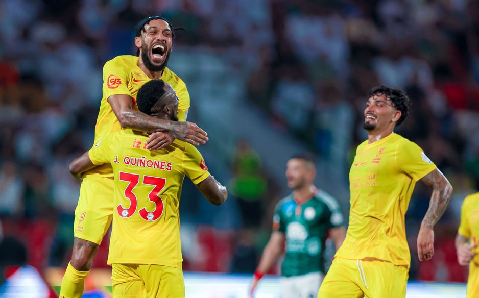 Aubameyang and Quinones celebrate for Al Qadsiah vs Al Ettifaq