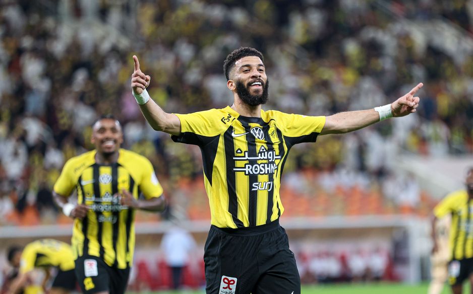 Abdulrahman Al Aboud celebrates goal for Al Ittihad v Al Shabab