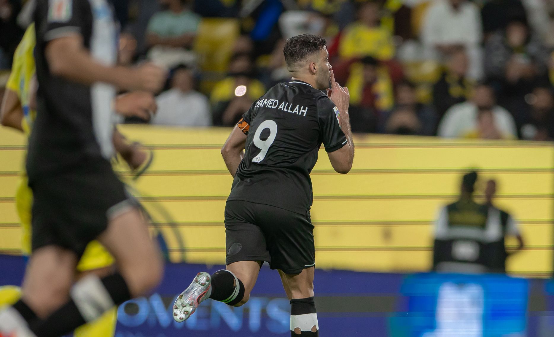 Al Shabab captain Abderrazak Hamdallah celebrates goal v former club Al Nassr