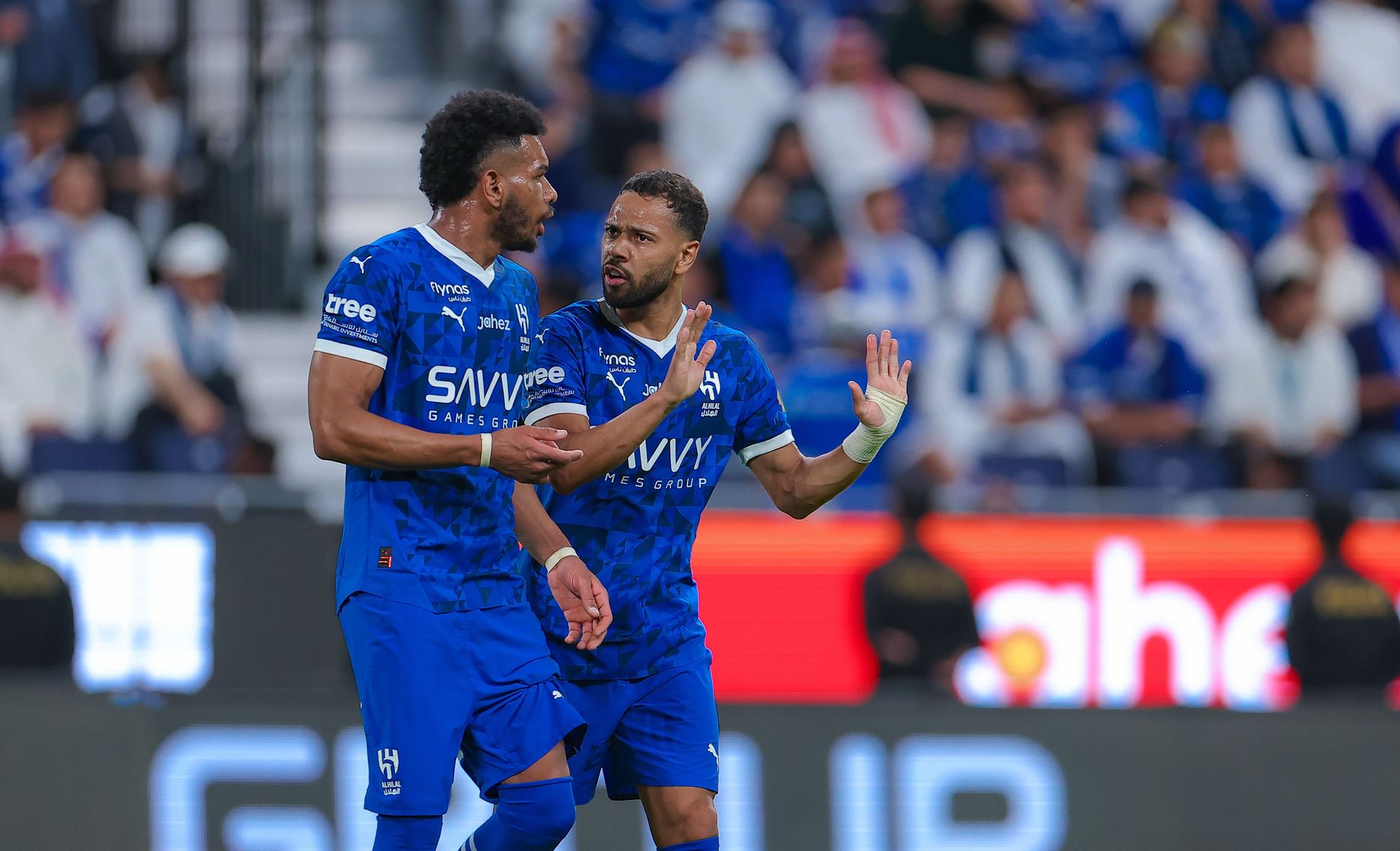 Al Hilal's Renan Lodi (R) alongside Ali Al Bulayhi during Capital Derby loss to Al Nassr
