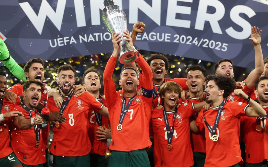 Cristiano Ronaldo lifts the 2025 UEFA Nations League trophy with Portugal
