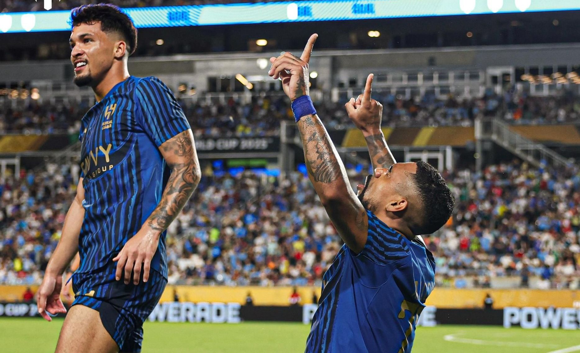 Malcom (R) celebrates goal v Manchester City with Marcos Leonardo at FIFA Club World Cup