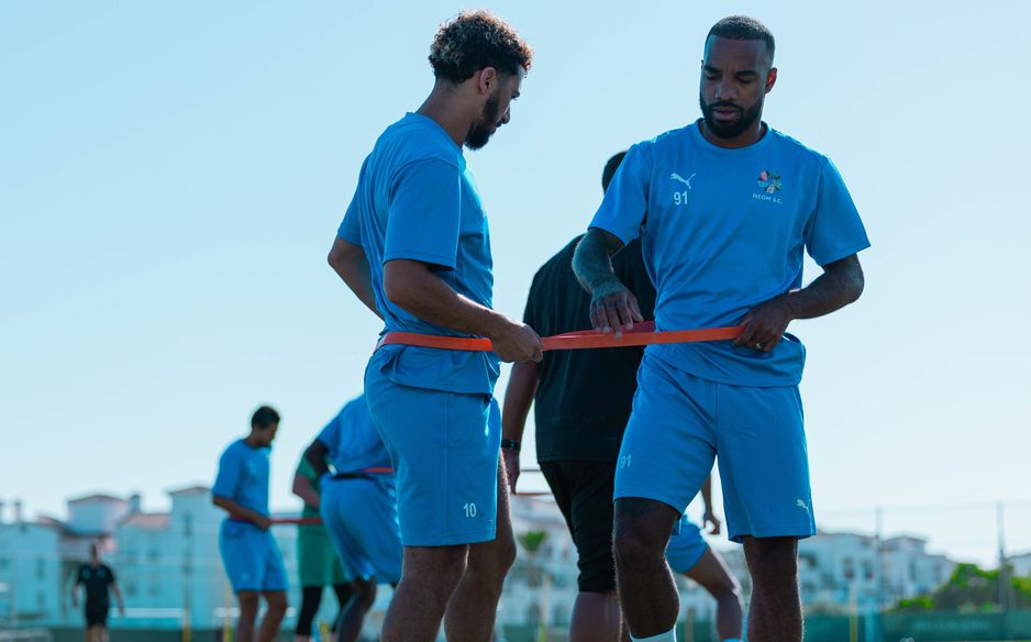 New NEOM SC signing Alexandre Lacazette (R) during preseason