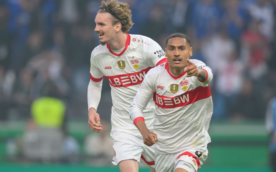 Enzo Millot scores for VfB Stuttgart in the DFB-Pokel Cup Final v Arminia Bielefeld