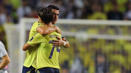 Cristiano Ronaldo and Joao Felix celebrate latter's goal in Saudi Super Cup semi-final win v Al Ittihad
