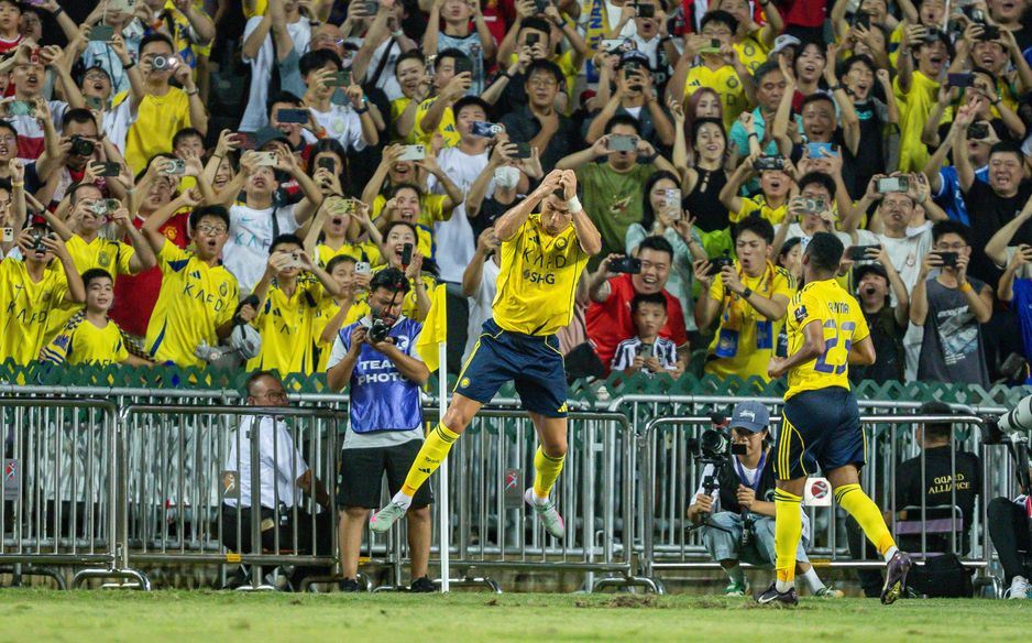 Cristiano Ronaldo celebrates after opening the scoring in the Saudi Super Cup final