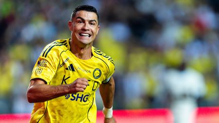 Cristiano Ronaldo celebrates goal in 2025 Saudi Super Cup final
