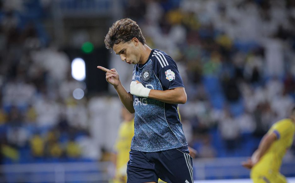 Joao Felix celebrates one of his three goals at Al Taawoun on RSL debut