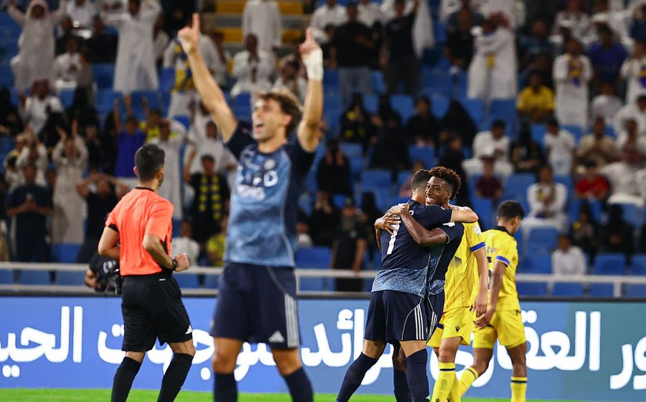 Joao Felix and Cristiano Ronaldo react to Kingsley Coman's debut goal at Al Taawoun