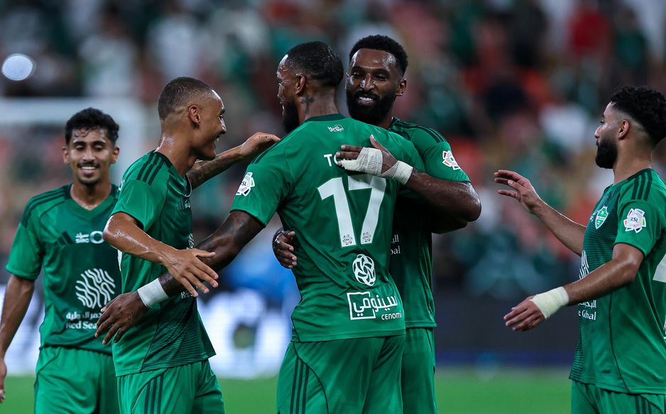 Feras Al Buraikan congratulates Al Ahli teammate Ivan Toney for his winner on opening night v NEOM SC