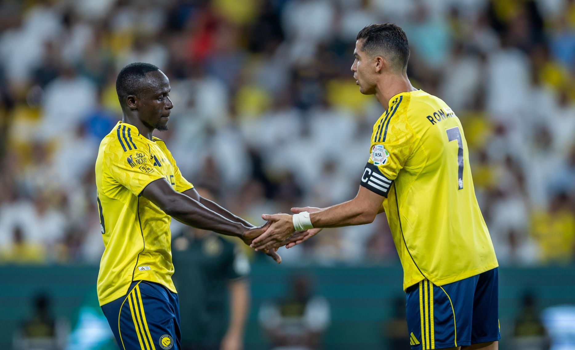 Sadio Mane and Cristiano Ronaldo celebrate for Al Nassr v Al Kholood