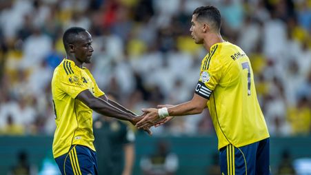 Sadio Mane and Cristiano Ronaldo celebrate for Al Nassr v Al Kholood