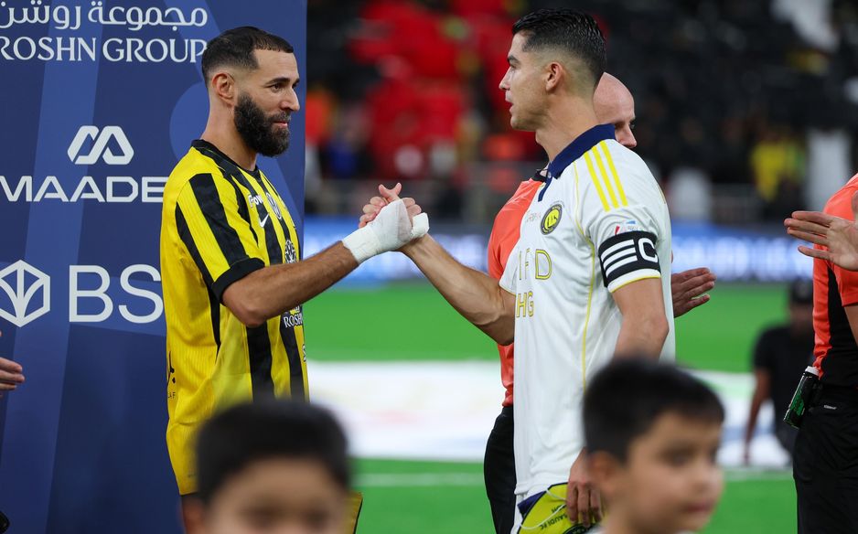 Former Real Madrid teammates Karim Benzema and Cristiano Ronaldo before Al Ittihad v Al Nassr