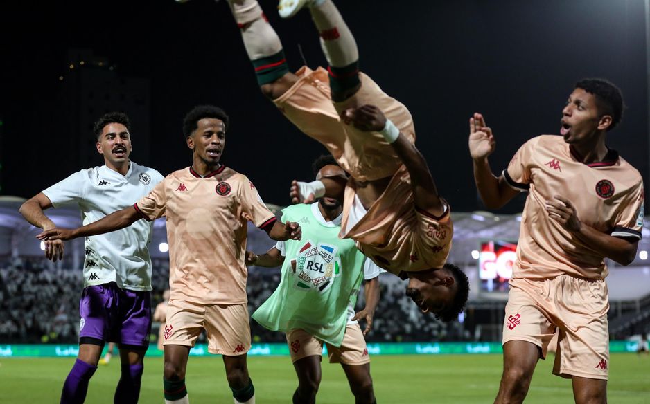 Abdulaziz Al Elewa celebrates winner for Al Kholood at Al Shabab
