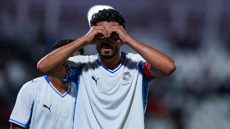 NEOM SC captain Ahmed Hegazi celebrates goal at Al Riyadh