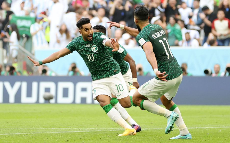 Salem Al Dawsari and Saleh Al Shehri celebrate goal during famous 2-1 win v Argentina at 2022 FIFA World Cup