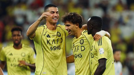 Al Nassr's Cristiano Ronaldo, Joao Felix and Sadio Mane celebrate v Al Fateh