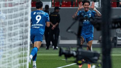 Darwin Nunez celebrates with Marcos Leonardo after goal for Al Hilal at Al Ettifaq