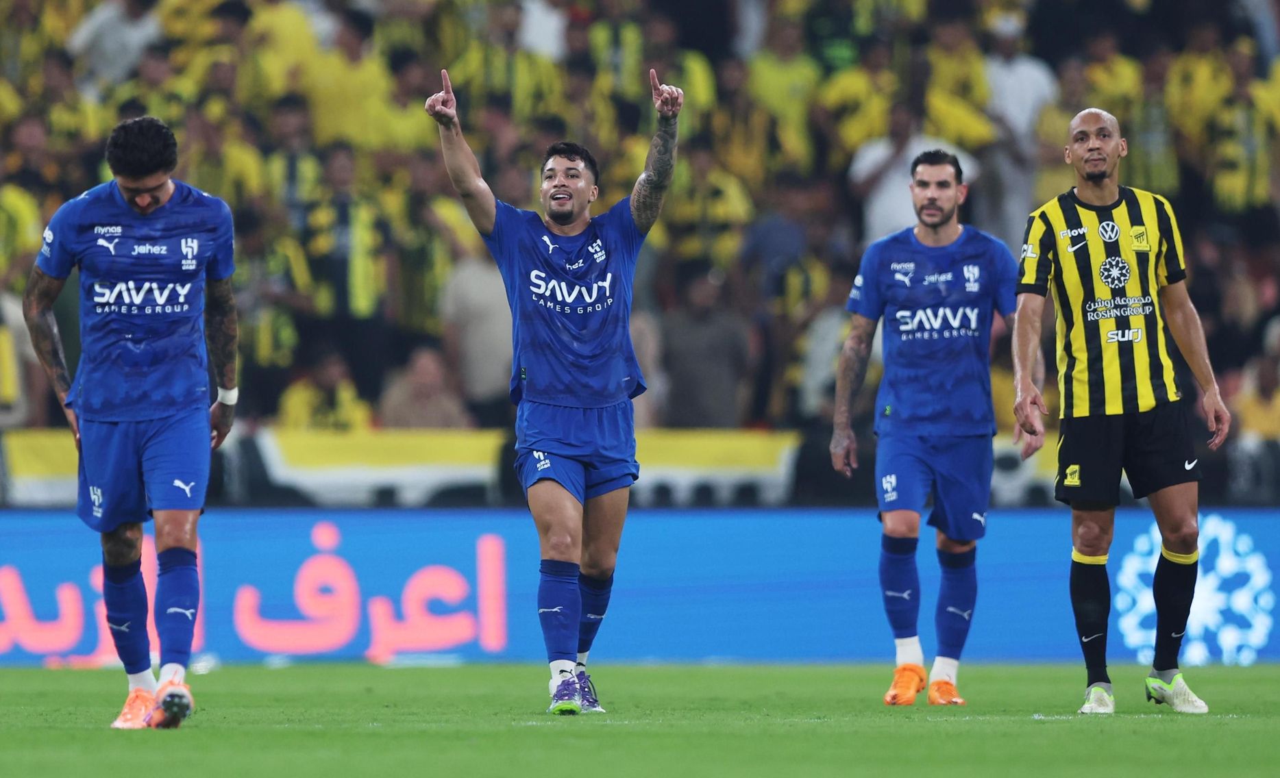 Al Hilal's Marcos Leonardo scores at Al Ittihad in the Clasico