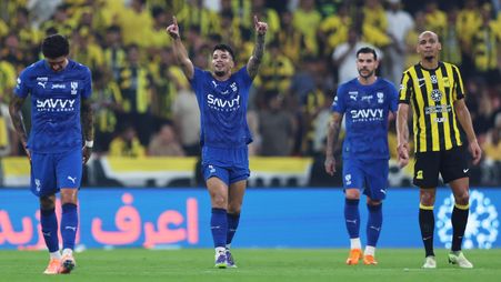 Al Hilal's Marcos Leonardo scores at Al Ittihad in the Clasico