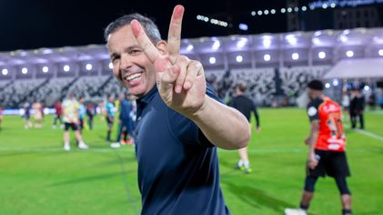 Al Riyadh manager Javier Calleja celebates win v Al Kholood