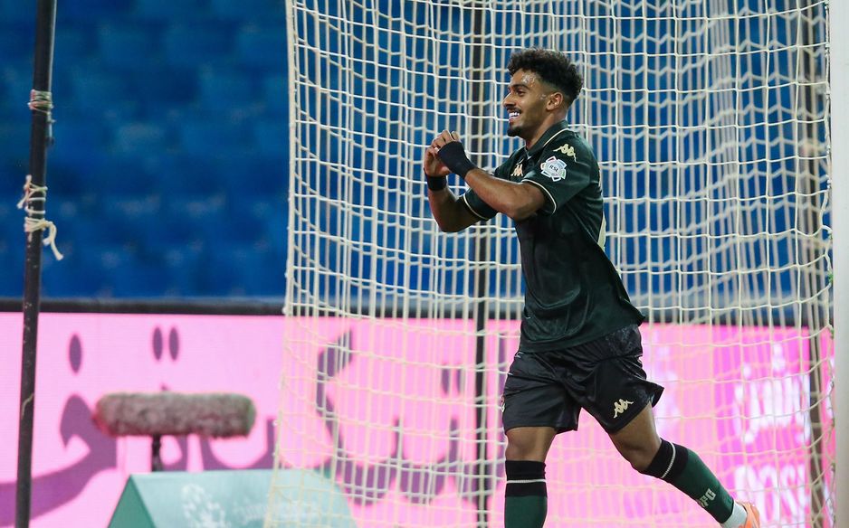 Abdulaziz Al Elewa celebrates his goal for Al Kholood v Al Najmah