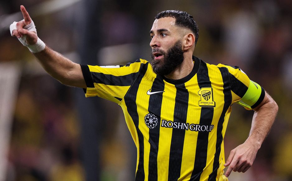 Al Ittihad captain Karim Benzema scores v Sharjah in the AFC Champions League Elite