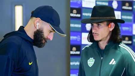 بنزيما وإيبانيز لحظة دخولهما ملعب ديربي البحر