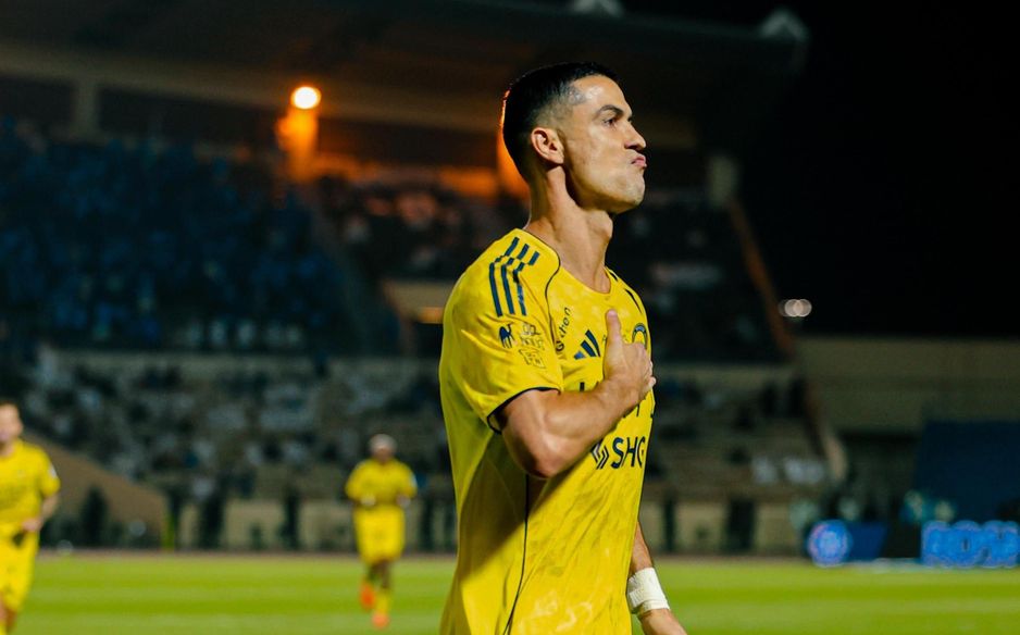 Cristiano Ronaldo celebrates Al Nassr's second goal at NEOM SC