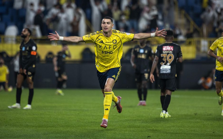 Al Nassr captain Cristiano Ronaldo celebrates Goal of Season contender v Al Khaleej