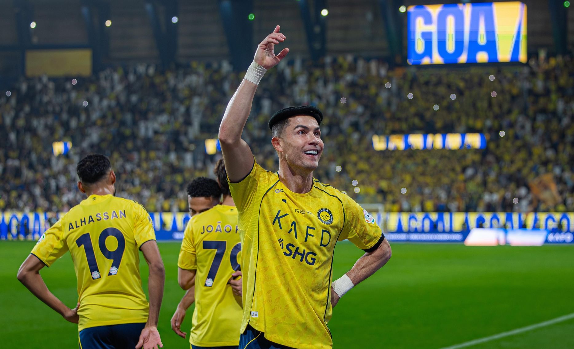 Crisitano Ronaldo celebrates goal v Al Khaleej