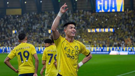 Crisitano Ronaldo celebrates goal v Al Khaleej