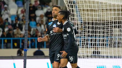 Al Shabab striker Abderrazak Hamdallah scores at Al Okhdood