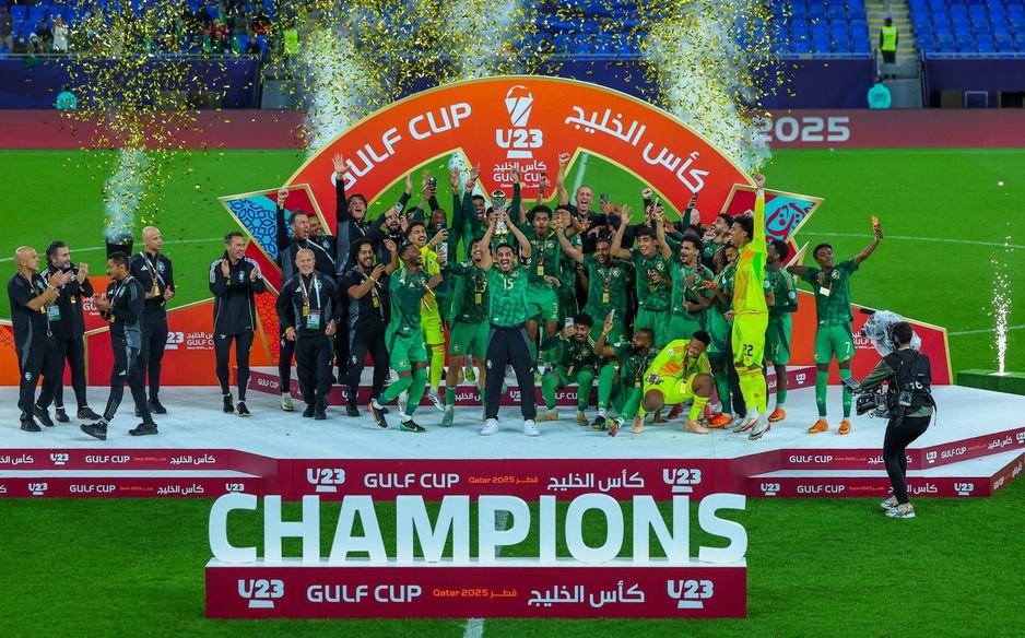 Saudi Arabia celebrate winning the 2025 AGCFF U23 Gulf Cup