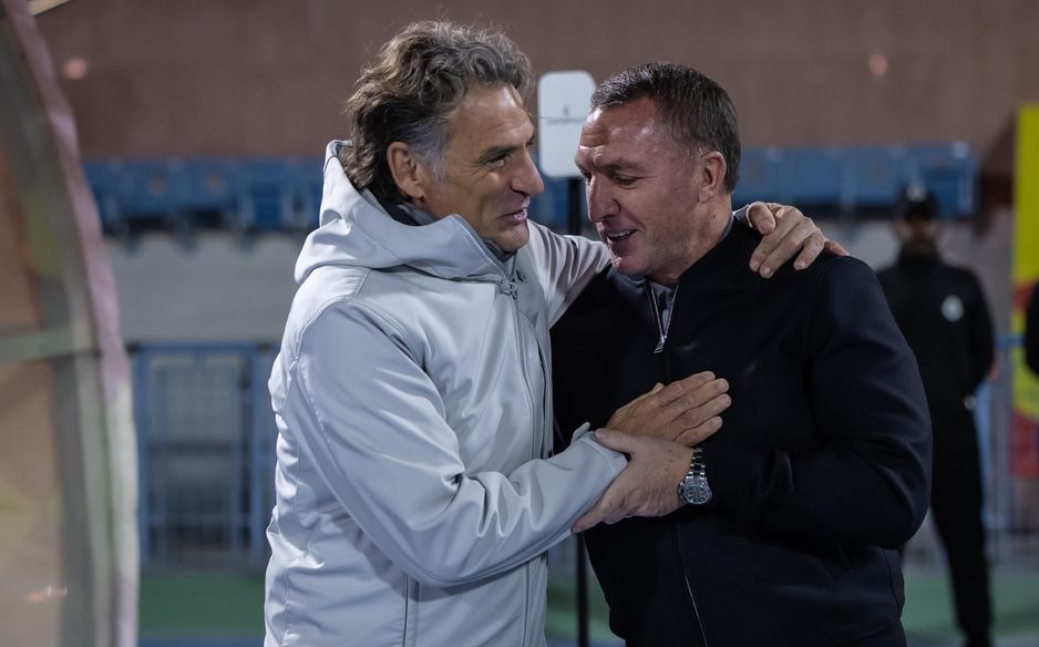 New Al Qadsiah manager Brendan Rodgers (R) all smiles before the win v Al Riyadh