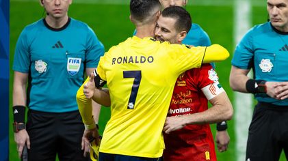 Former Real Madrid teammates Cristiano Ronaldo and Nacho embrace before Al Nassr v Al Qadsiah 