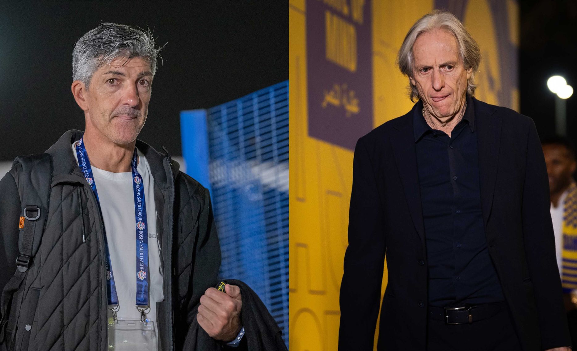 Al Nassr and Al Shabab managers arriving at the stadium with their teams ahead of the match