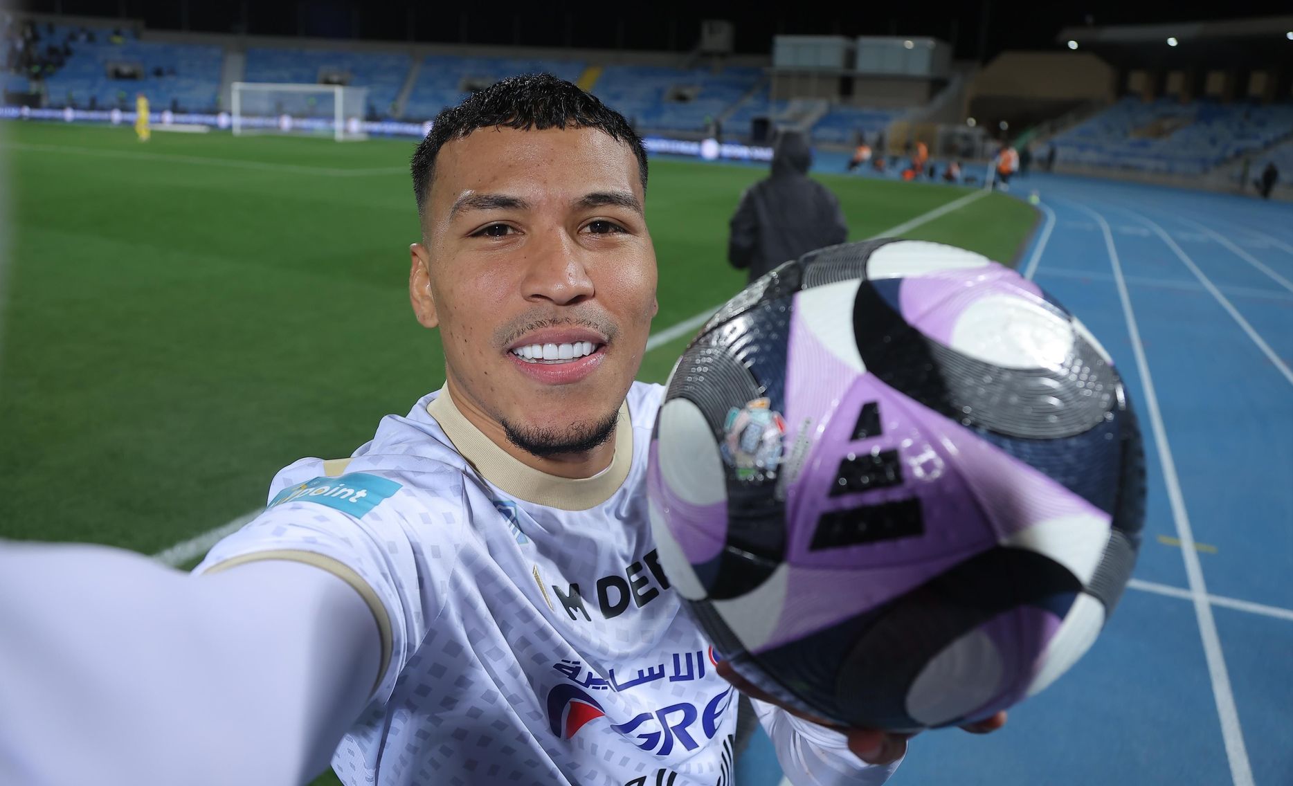 Roger Martinez with the match ball v Al Riyadh after his second hat-trick of the season