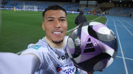 Roger Martinez with the match ball v Al Riyadh after his second hat-trick of the season