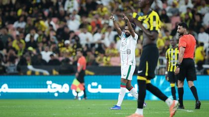 Khalid Al Ghannam celebrates his winner for Al Ettifaq at Al Ittihad