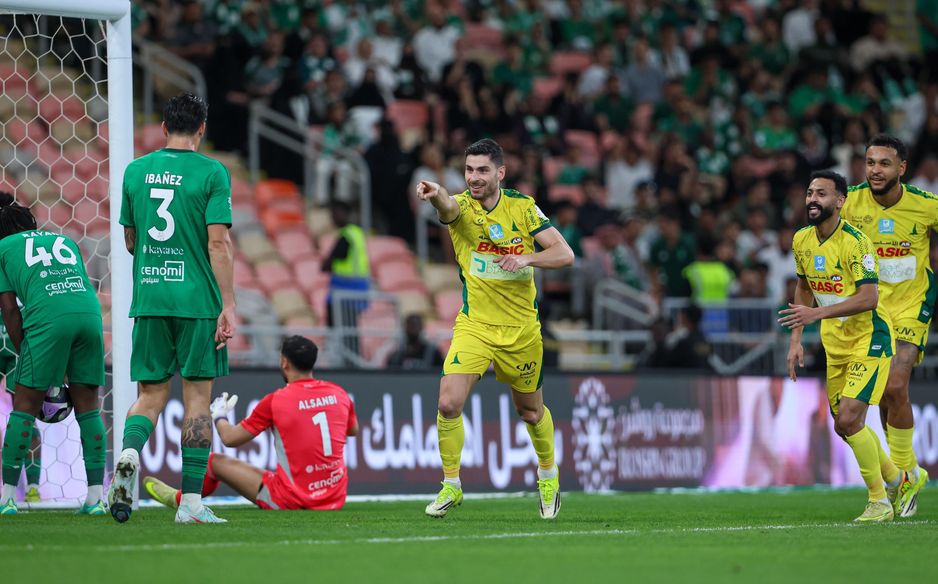 Giorgos Masouras, himself in fine form, gives Al Khaleej the lead at Al Ahli