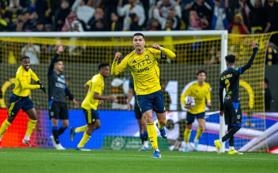 Al Nassr captain Cristiano Ronaldo celebrates what would prove the winner v Al Taawoun