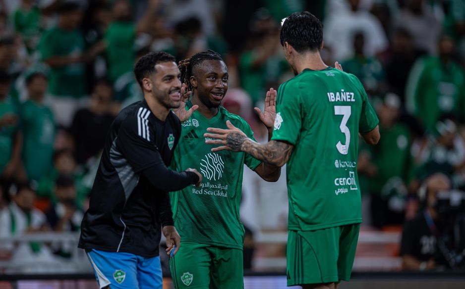 Valentin Atangana (C) got his second goal of the season for Al Ahli, against AL Ettifaq