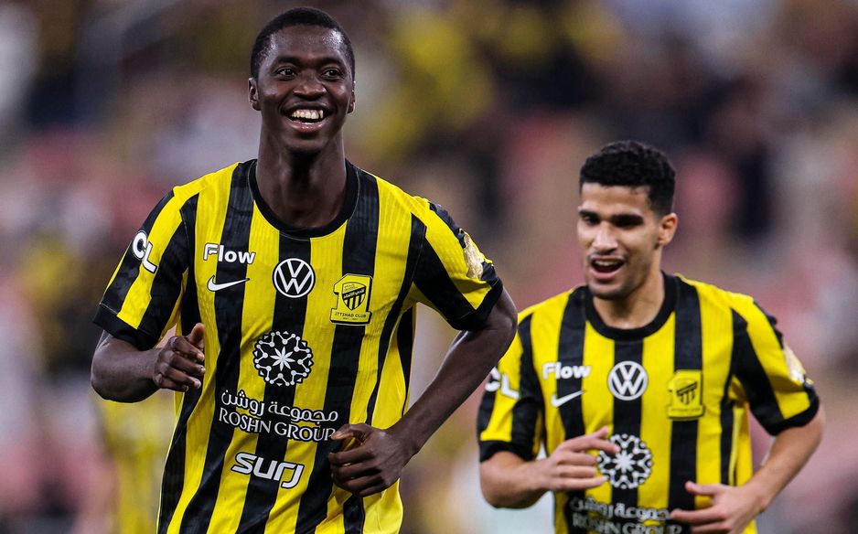 Al Ittihad youngster Mahamadou Doumbia (L) gets winner v Al Najmah - his first RSL goal