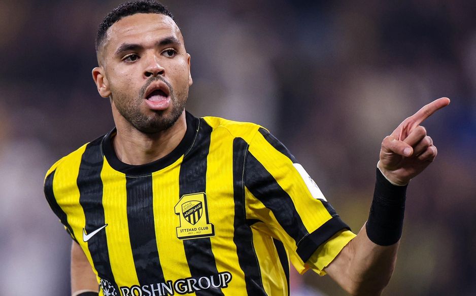 Youssef En Nesyri celebrates his first Al Ittihad goal, in the AFC Champions League Elite against Qatar's Al Gharafa