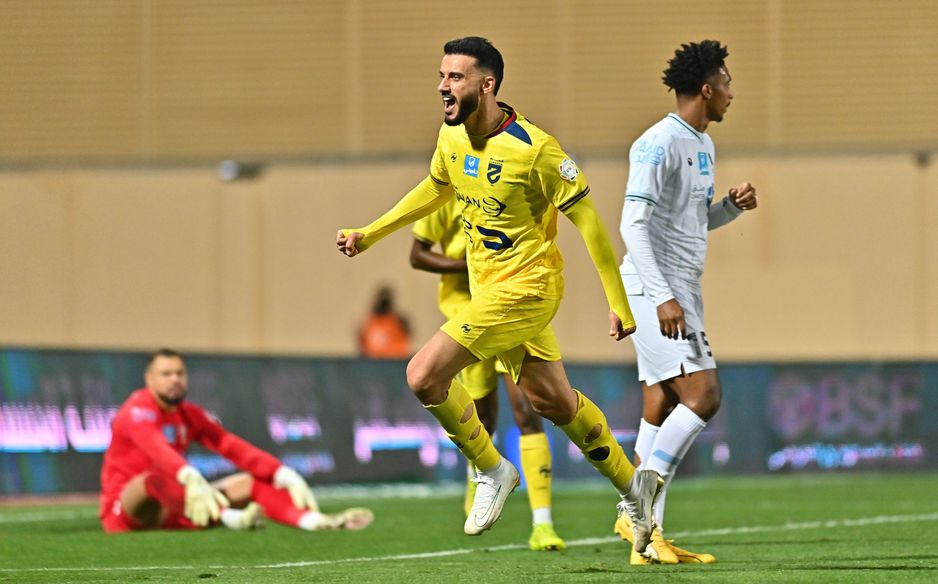 Al Hazem's Omar Al Somah scores his record-extending 159th RSL goal, v Al Okhdood