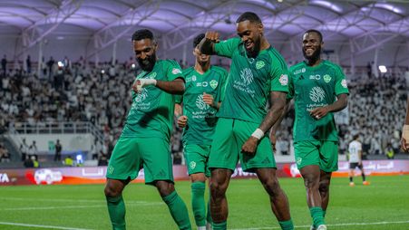 Ivan Toney celebrates scoring Al Ahli's fifth goal in the win at Al Shabab