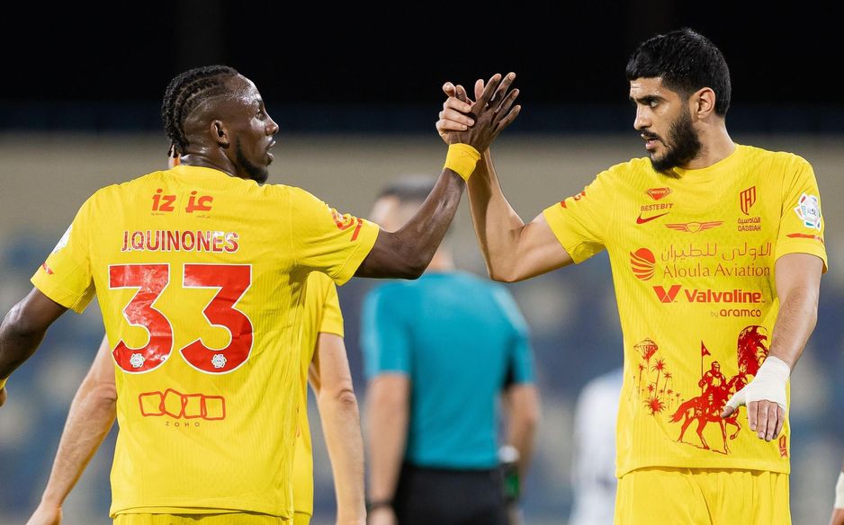 Waleed Al Ahmed (R) has scored already for new club Al Qadsiah, in the win at Al Okhdood