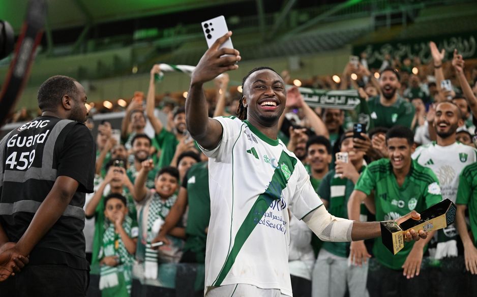 After a brilliant performance v Al Najmah, Valentin Atangana celebrates Man of the Match with the Al Ahli fans